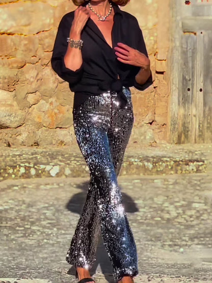 Sequined Elastic Waist Flared Pants