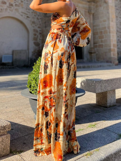 One Sleeve Printed Cutout Slit Hem Dress