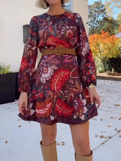 Printed Long Sleeve Flounce Dress