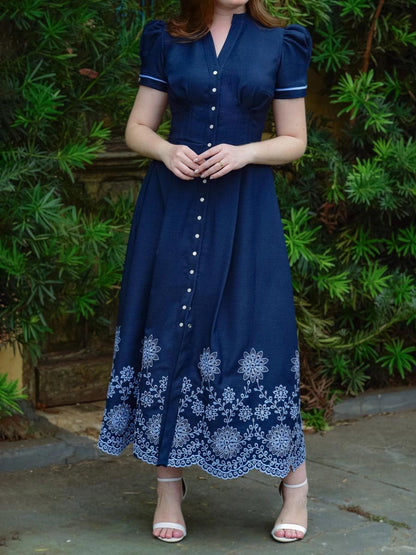 Puff Sleeve Button Up Embroidered Dress