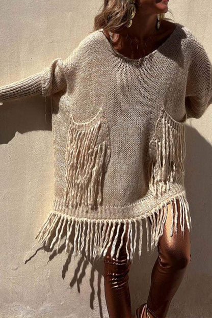 V-Neck Loose Fringed Knit Sweater