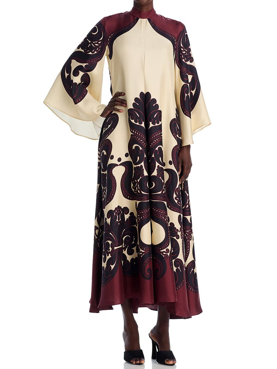 Silk Placement Print Long Sleeve Maxi Dress