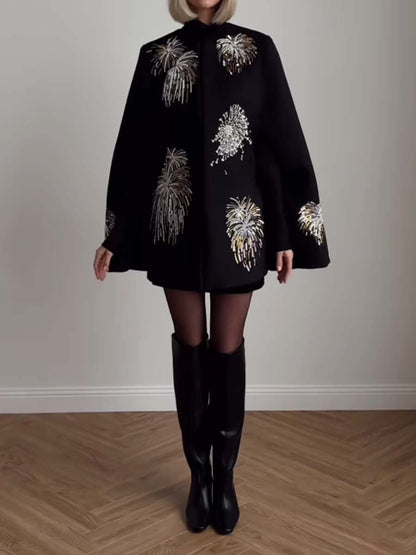 Sequin Embroidered Elegant Cape Coat