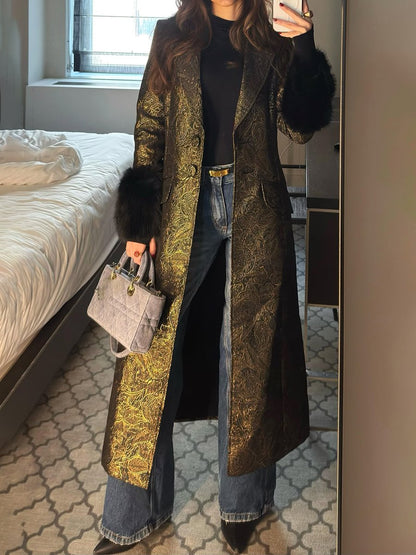 Elegant Printed Fur Collar Long Coat