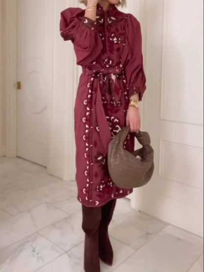 Stand collar Embroidered Tie Waist Midi Dress