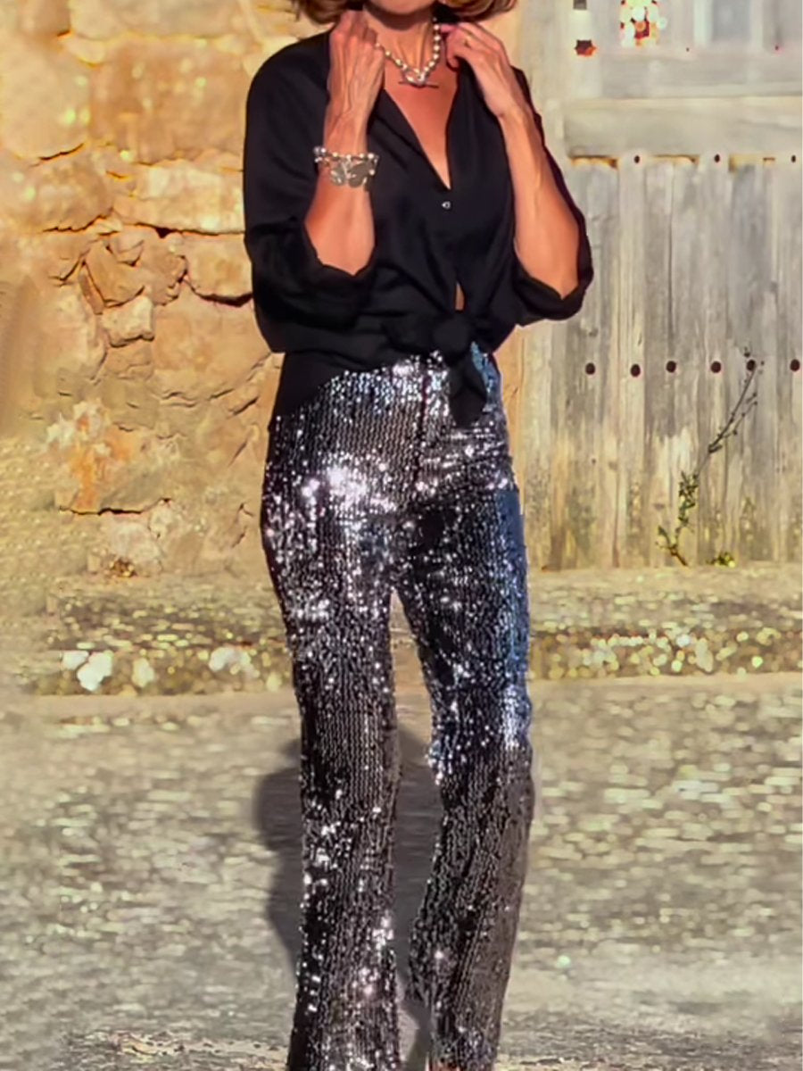 Sequined Elastic Waist Flared Pants