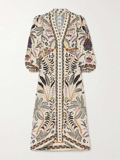 Printed Long Sleeve Button Up Maxi Dress