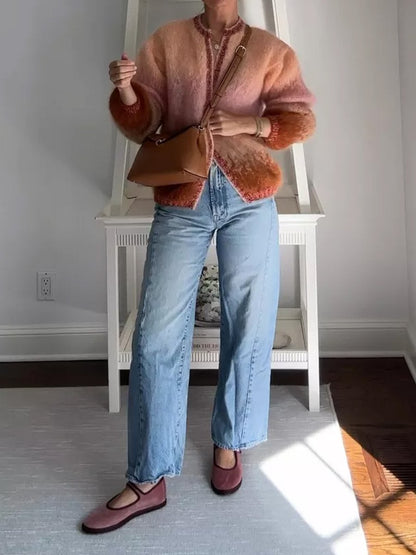 Gradient Fuzzy Knit Sweater Cardigan