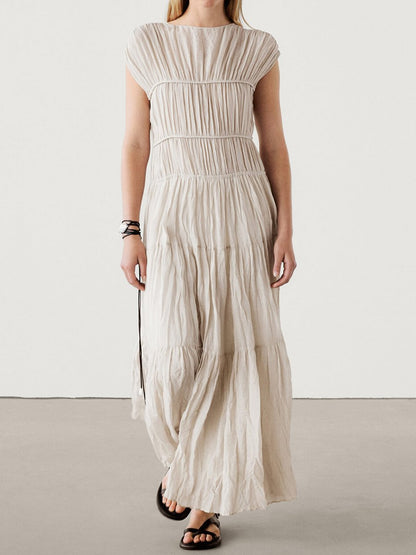 V Neck Sleeveless Pleated Maxi Dress