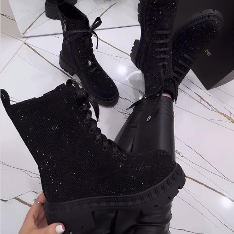 Rhinestone Thick-Heel Casual Lace-Up Martin Boots