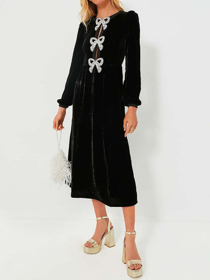 Blouson Sleeve Bows Velvet Dress