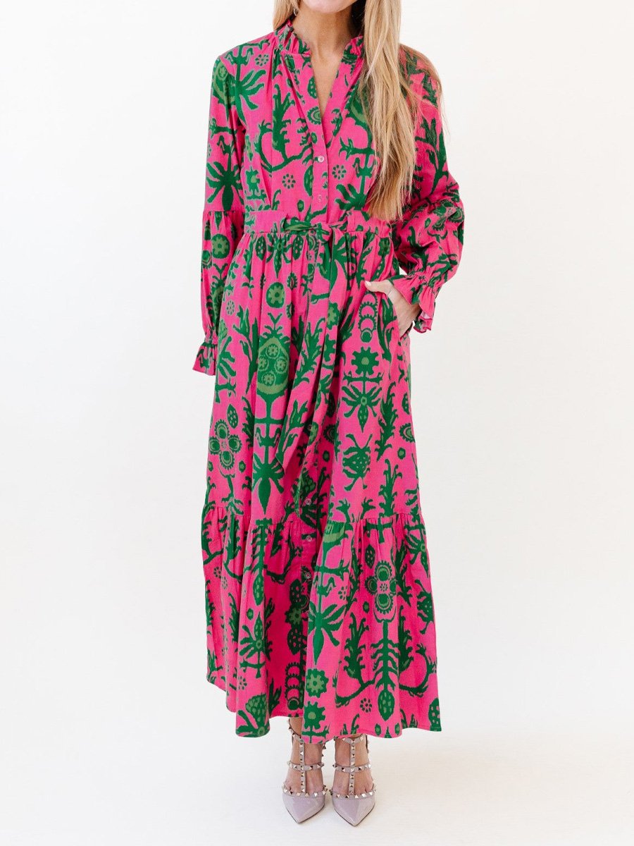 Printed Lace Up Long Sleeve Maxi Dress