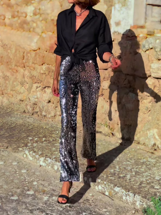 Sequined Elastic Waist Flared Pants