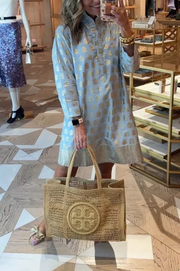 Light Blue & Gold Printed Tunic Dress