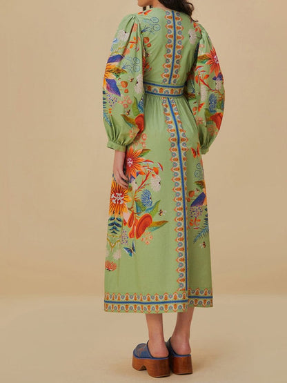 Green Tropical Print Dress