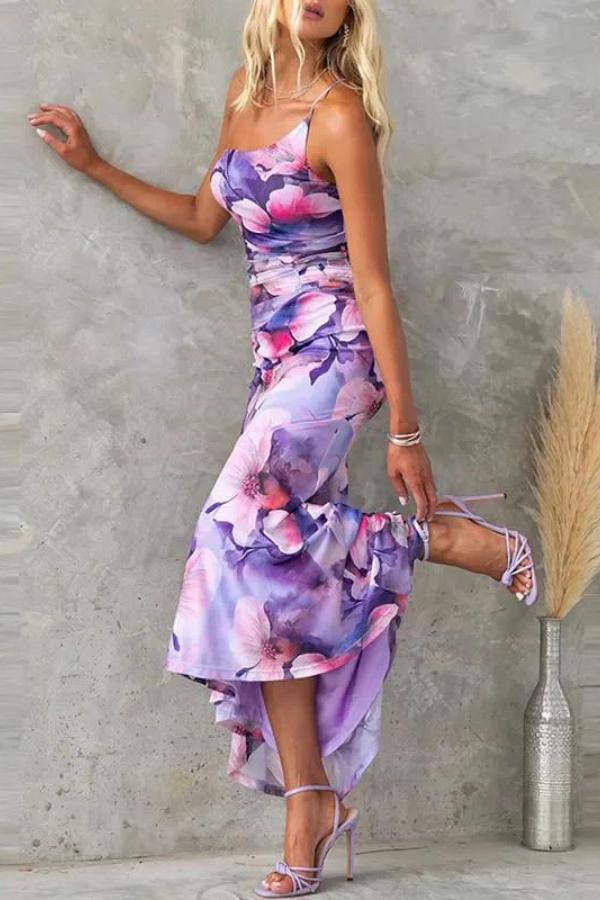 FLORAL PRINT RUCHED STRETCH MAXI DRESS