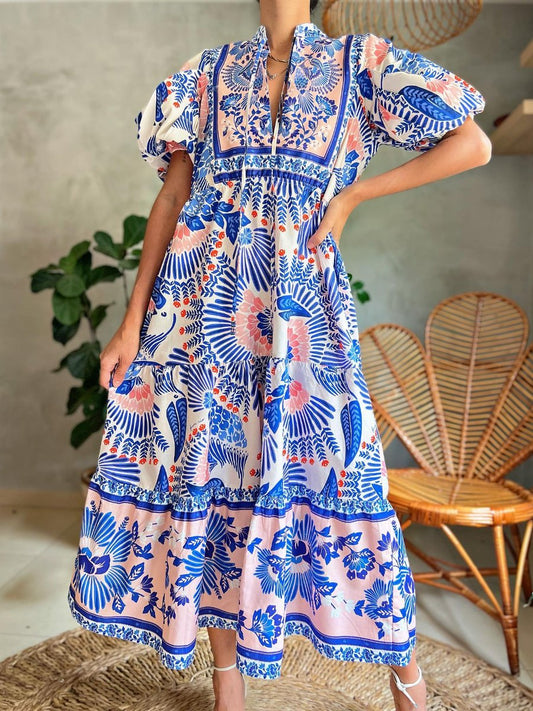 Puff Sleeve Printed Midi Dress