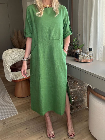 Loose Casual Solid Color Short Sleeve Cotton Linen Dress