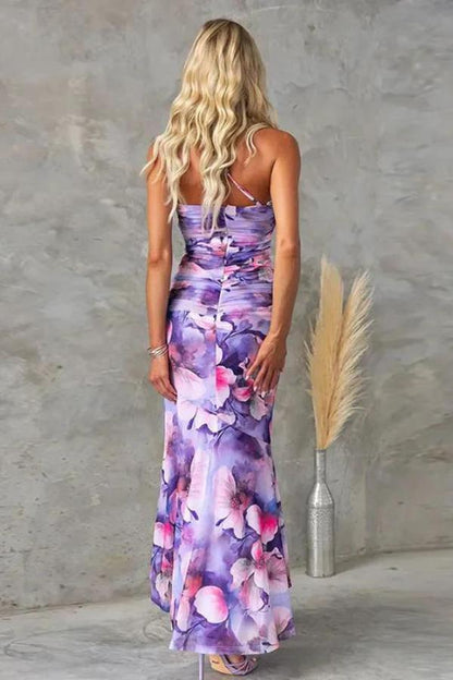 FLORAL PRINT RUCHED STRETCH MAXI DRESS