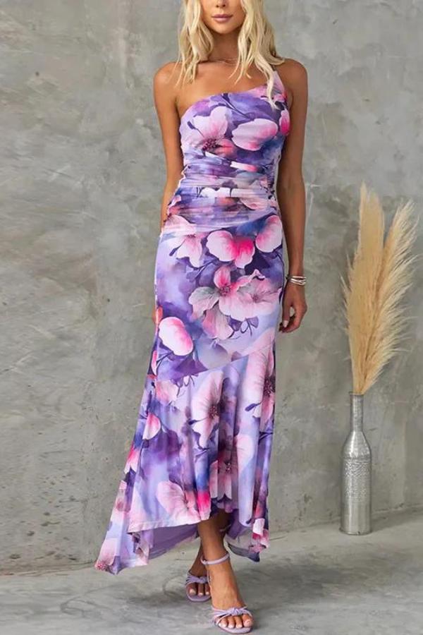 FLORAL PRINT RUCHED STRETCH MAXI DRESS