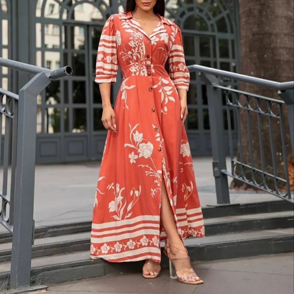 Orange Waist Button Long Dress