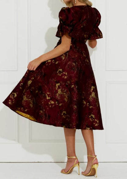 Golden Jacquard Holiday Dress With Pockets