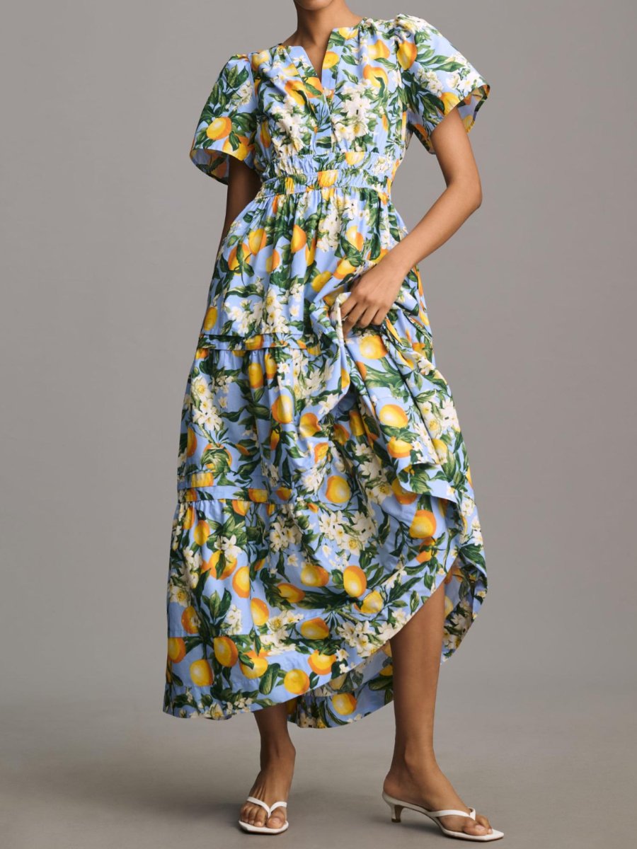 Smocked Waist  V-neck Printed Maxi Dress