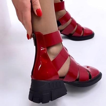 Eye-catching Red Patent Leather Zip-up Sandals