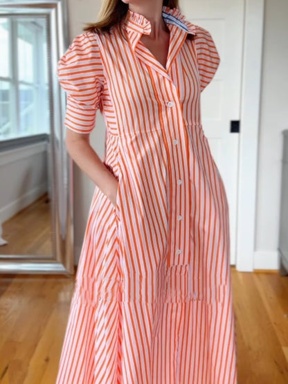 Striped Gigot Sleeve Casual Midi Dress