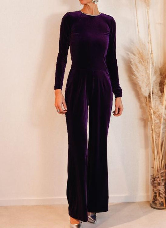 Demure Velvet Backless Jumpsuit With Rhinestone