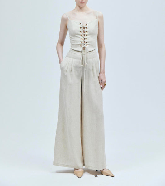 Linen Lace-Up Suspender Top Wide-Leg Pants Set