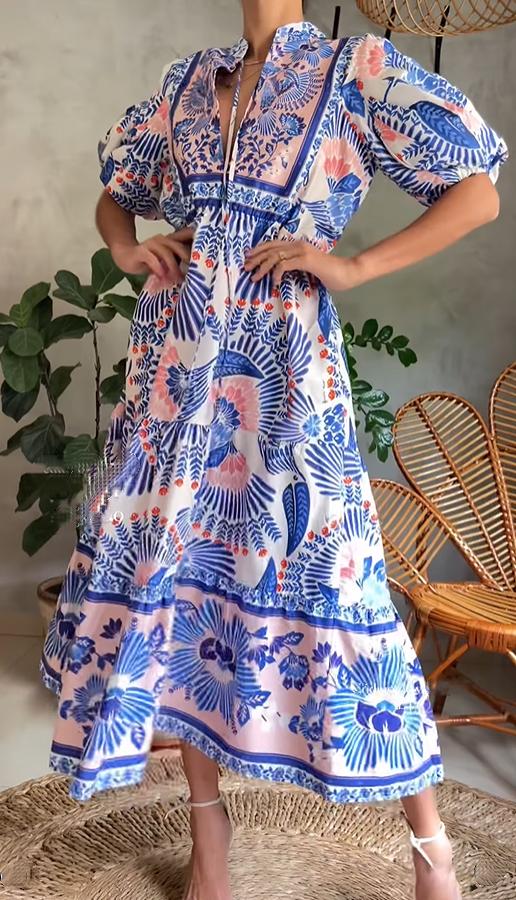 Puff Sleeve Printed Midi Dress