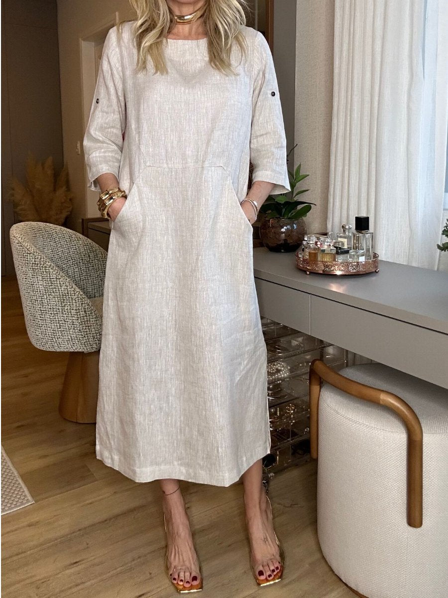 Loose Casual Solid Color Short Sleeve Cotton Linen Dress