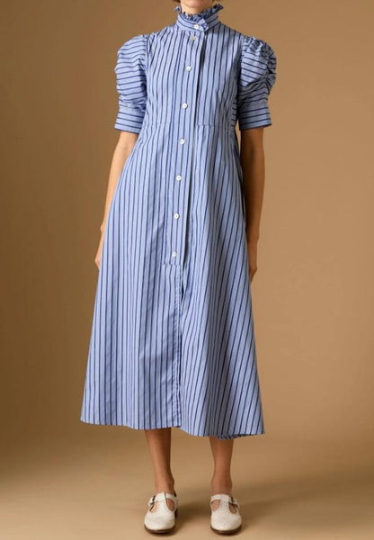 Striped Gigot Sleeve Casual Midi Dress