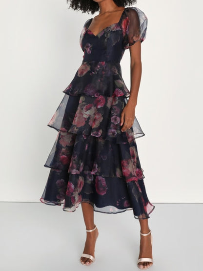 Navy Fall Floral Maxi Party Dress