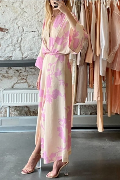 The Elegance Pink  Printed Robe Midi Dress