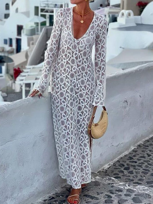 Long Sleeve Slit Hem Lace Dress