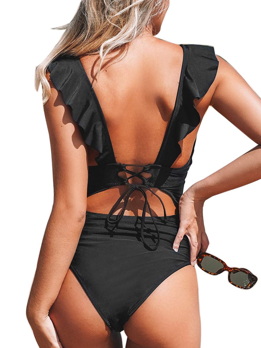 Women's V-neck Flounce Lace-up One-piece Swimsuit