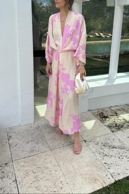 The Elegance Pink  Printed Robe Midi Dress