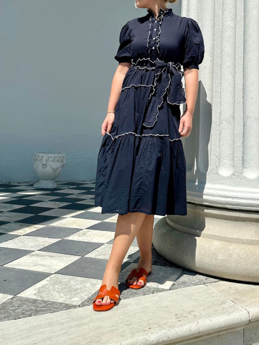 Ruffled Mandarin Collar Midi Dress