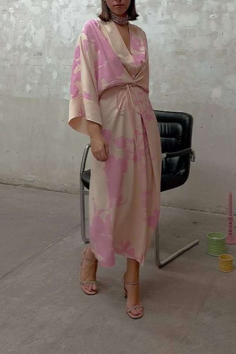 The Elegance Pink  Printed Robe Midi Dress