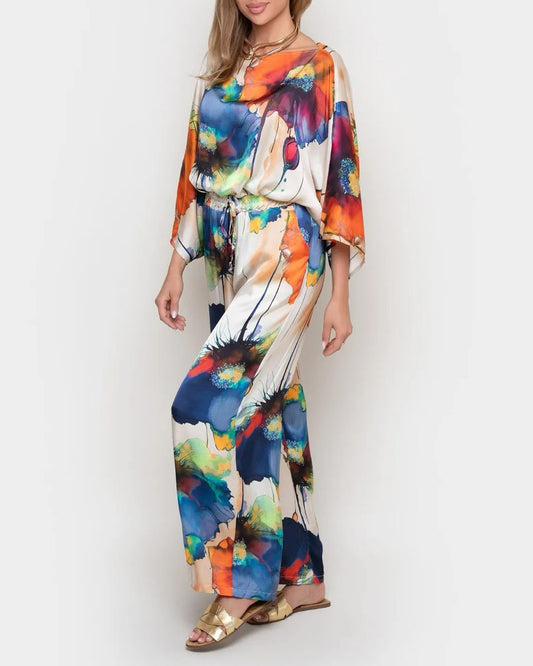 Elegant Satin Loose Printed Batwing Sleeve Set