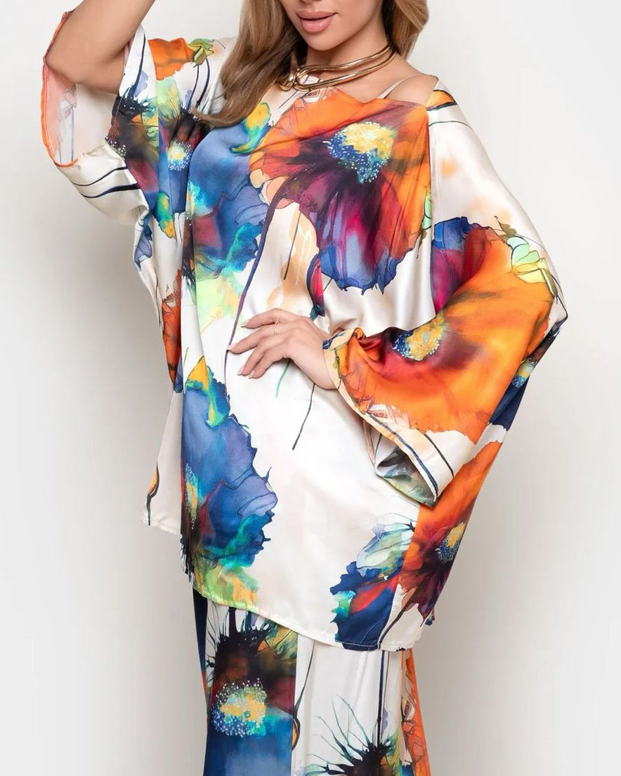 Elegant Satin Loose Printed Batwing Sleeve Set